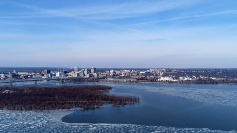 Aerial View of Peoria, Illinois, Showing the Cityscape and A Frozen River During Winter